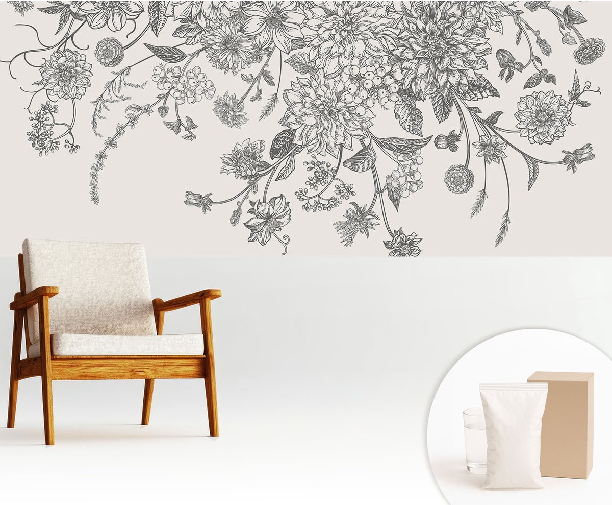 Wallfluent Fotobehang - Wit Vliesbehang - 250x104 cm - Bloemenpatroon Fotobehang Vlies - Woonkamer behang Bloemen En Planten - Muurschildering - Woonkamer behang