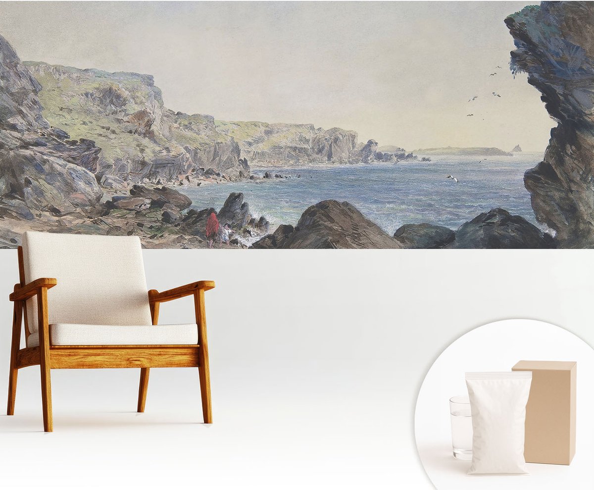 Wallfluent Fotobehang - Grijs Vliesbehang - 250x104 cm - Een Rustige Kust Fotobehang Vlies - Woonkamer behang Landschappen - Muurschildering - Hal behang
