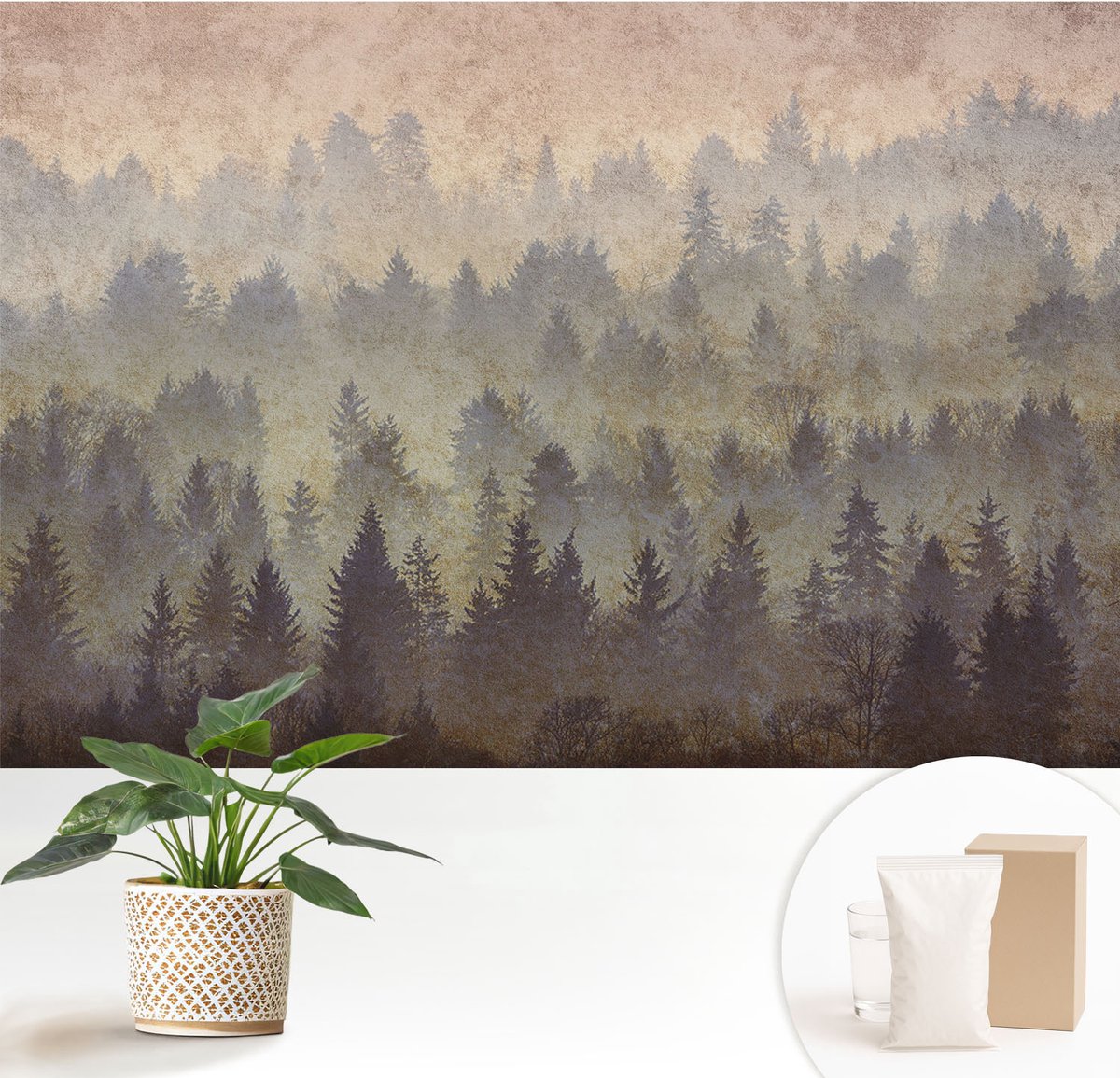 Wallfluent Fotobehang - Grijs Vliesbehang - 152x104 cm - Bosmist Muurschildering - Gang behang Landschappen - Fotobehang Vlies - Slaapkamer behang