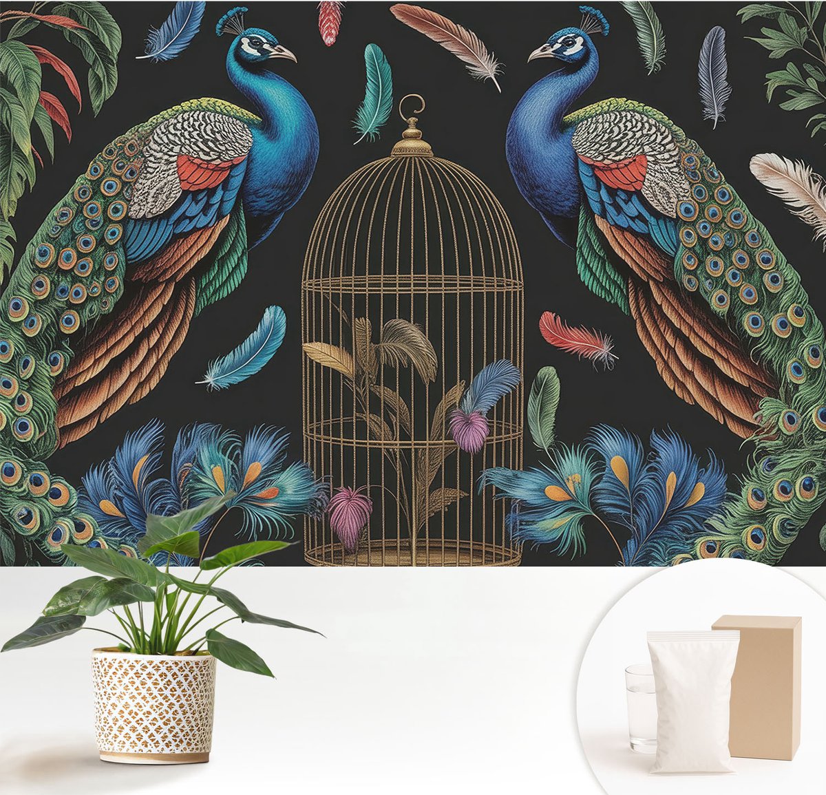 Wallfluent Fotobehang - Wit Vliesbehang - 152x104 cm - Exotische Pauwen Muurschildering - Slaapkamer behang Dieren - Fotobehang Vlies - Slaapkamer behang