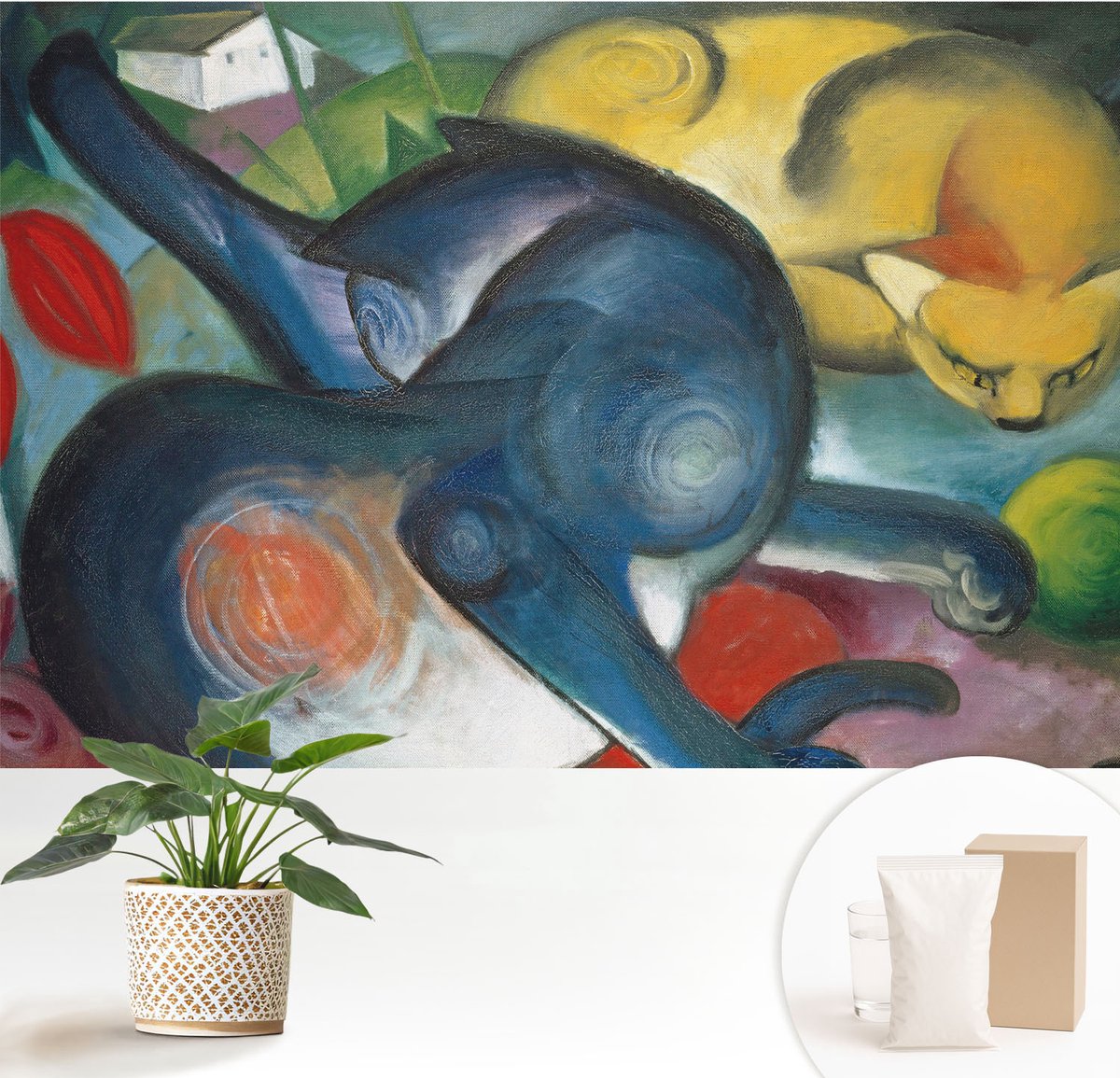 Wallfluent Fotobehang - Blauw Vliesbehang - 152x104 cm - Kattenmotief Muurschildering - Slaapkamer behang Deel - Fotobehang Vlies - Slaapkamer behang