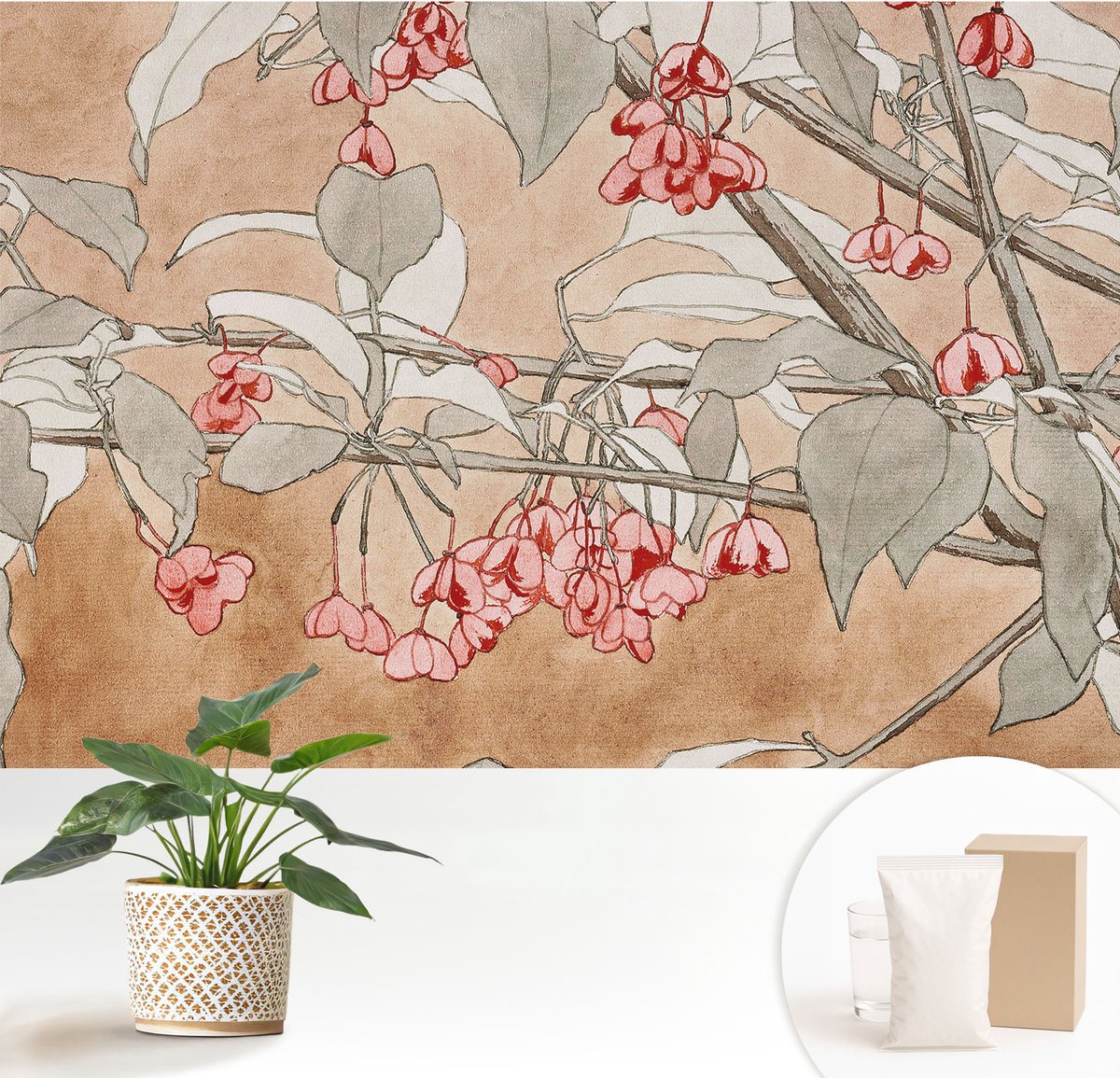 Wallfluent Fotobehang - Bruin Vliesbehang - 152x104 cm - Bloemenharmonie Fotobehang Vlies - Woonkamer behang Bloemen En Planten - Muurschildering - Woonkamer behang