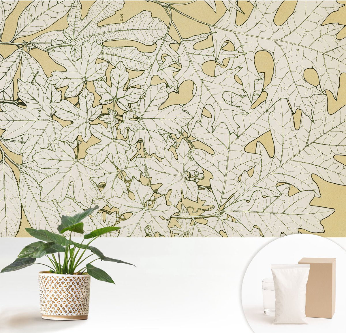 Wallfluent Fotobehang - Geel Vliesbehang - 152x104 cm - Boombladeren Fotobehang Vlies - Woonkamer behang Bloemen En Planten - Muurschildering - Woonkamer behang