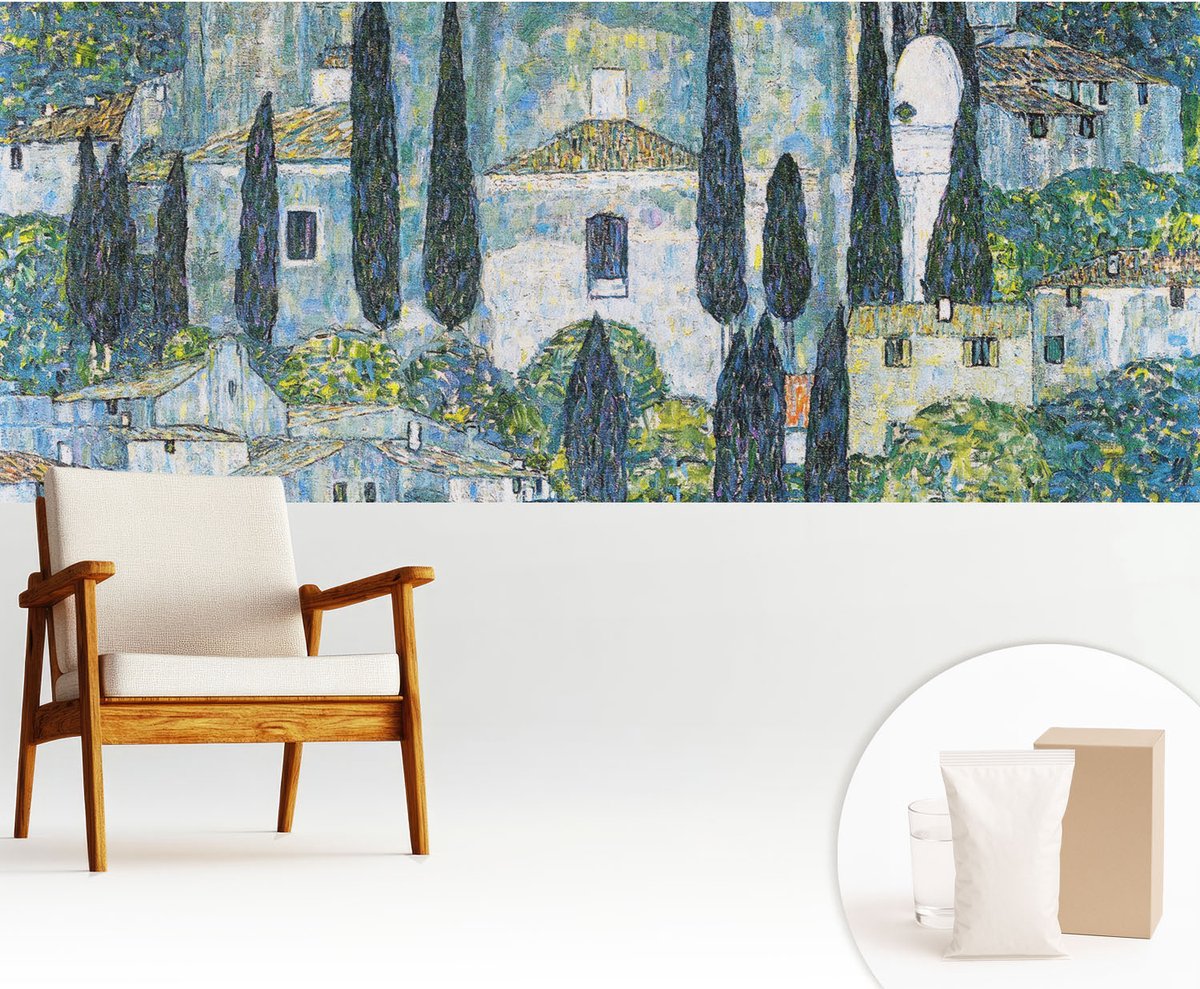 Wallfluent Fotobehang - Blauw Vliesbehang - 250x104 cm - Cypress Huizen Fotobehang Vlies - Woonkamer behang Landschappen - Muurschildering - Woonkamer behang