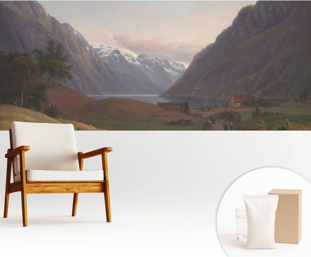Wallfluent Fotobehang - Wit Vliesbehang - 250x104 cm - Bergpanorama Fotobehang Vlies - Woonkamer behang Landschappen - Muurschildering - Woonkamer behang