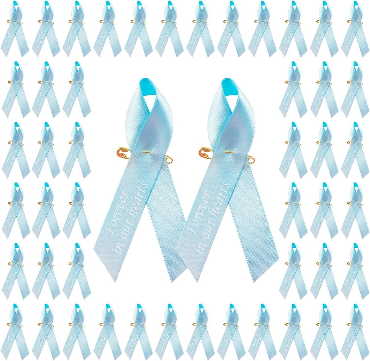 100 stuks Baby Blauw lintpinnen, darmkanker bewustzijn prostaatkanker broches afdrukken herdenkingslint badges voor rouwherinnering, 7,5 x 4,0 cm, Polyester