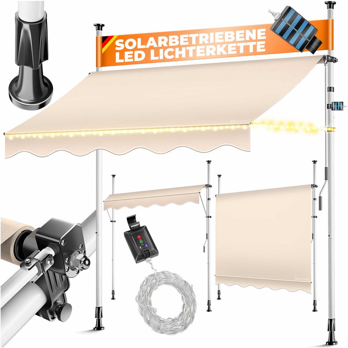 KESSER® Klemluifel met handslinger & LED lichtsnoer - UV-bestendig en waterafstotend - 350 cm, beige