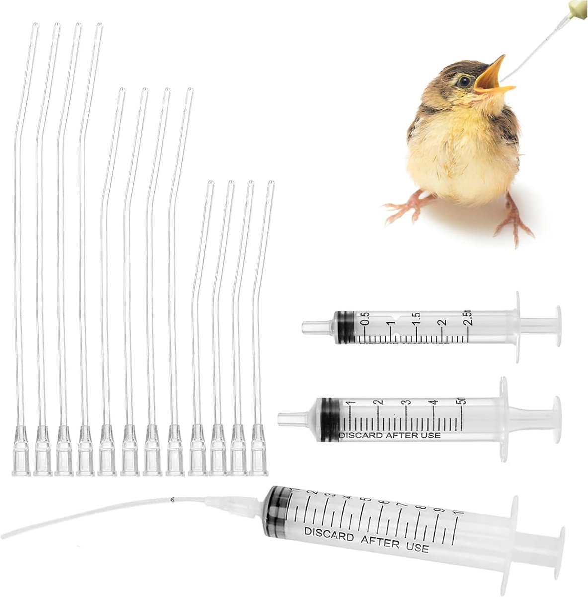 Voederspuit voor jonge vogels, 15 stuks, 10 ml, spuit met slang en naald, voederspuit voor handvoeding, parkieten, duiven, papegaaien, voor water, melk, medicijnen