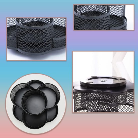 360° rotatie multifunctionele pennenhouder, mesh desktopcaddy, roterende potloodhouder, hoge capaciteit, met antislip rubberen mat, 7 compartimenten, voor kantooropslag, kaptafel (zwart) — afbeelding 3
