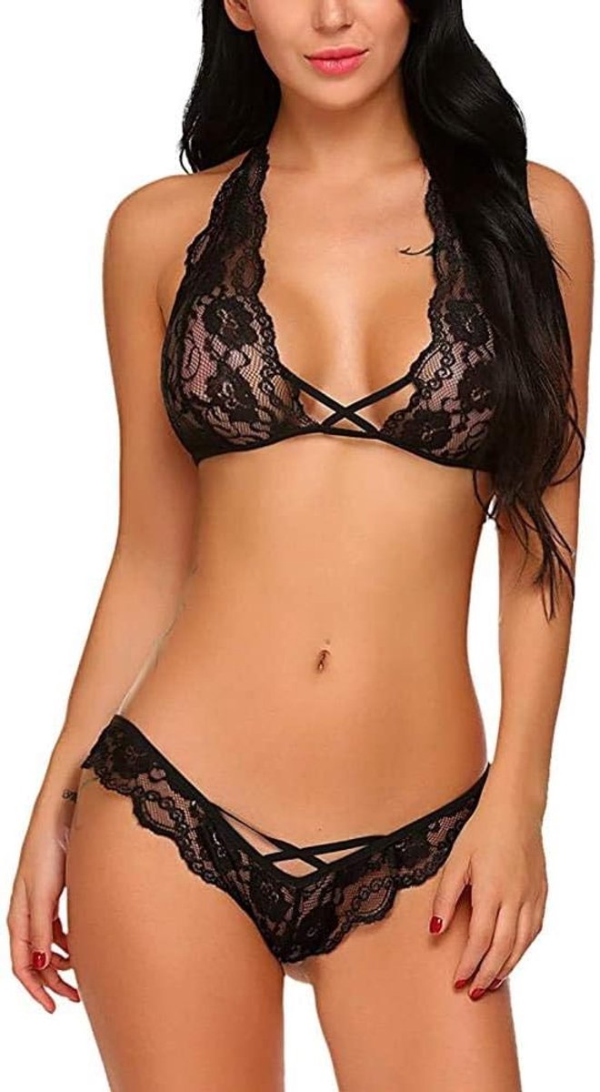 Bodystockings dames Kant transparante sexy lingerie dames holle ondergoed beha string nek nachtkleding voor dames set-Black_XL