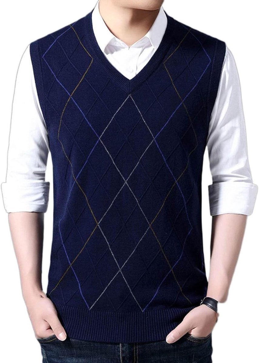 Kasjmier Gemengd Argyle V-Hals Gebreid Vest, Herfst En Winter Klassiek Kleurcontrast Casual All-Match Mouwloos Vest Pullover Herenkleding, Gentleman Knitwear Sweater Tank Tops, Marineb