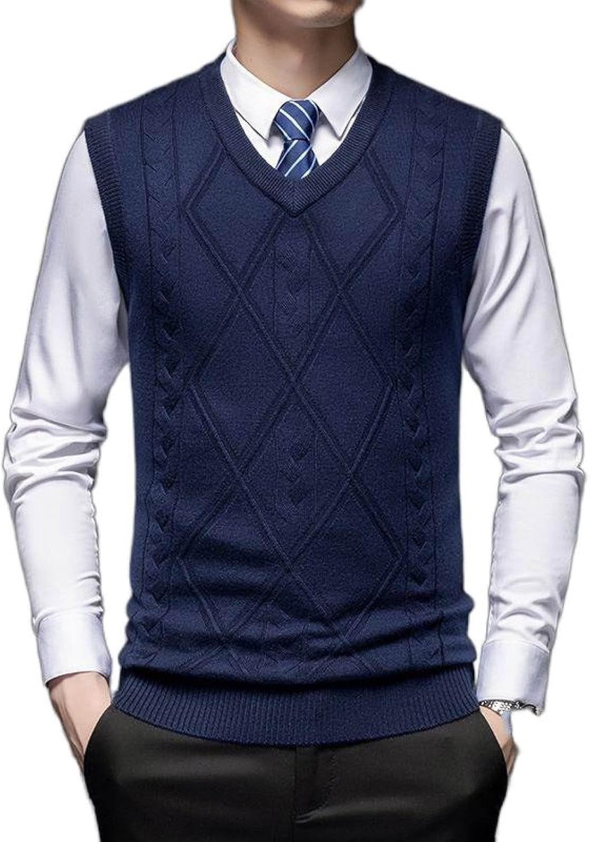 Herenvest Met V-Hals, Klassiek Herfstherenkabelgebreide Trui, Casual All-Match Vest, Trend, Mouwloze Toptrui, Zakelijk Herengebreide Gebreide Vesttrui, Tanktops, Marineblauw, S