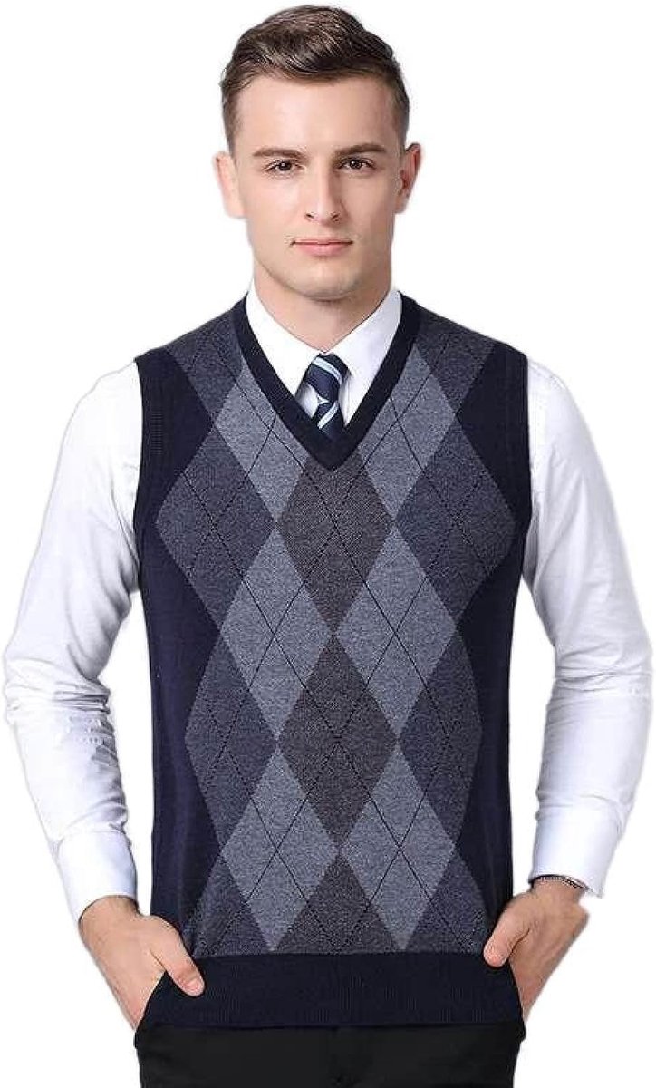 Argyle V-Hals Mouwloze Trui Trui, Herfst En Winter Heren Gebreide Trui Vest, Middelbare Leeftijd Kleur Bijpassende Verdikte Casual Heren Gebreide Trui Tanktops, Marineblauw, S