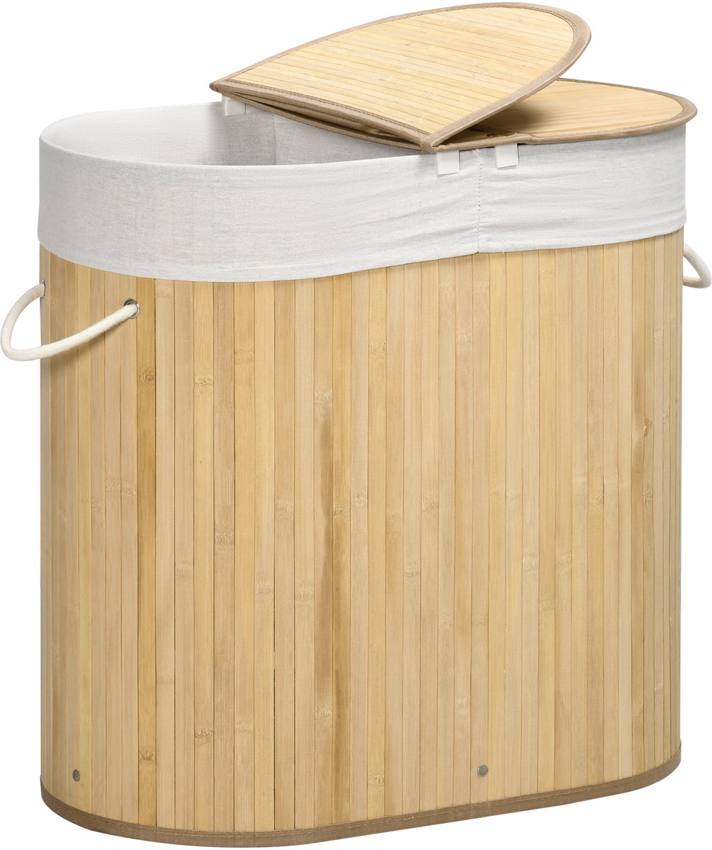Wasmand 62,5 × 37 × 60,5 cm Houtkleur Bamboe Wasmand, kledingmand en wasmand voor vuile was, stabiel en duurzaam, praktisch en stijlvol, gemakkelijk schoon te maken, geschikt voor slaapkamer en badkamer