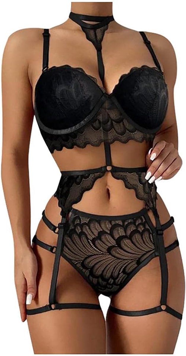 Babydolls, nachtjaponnen & negligés dames Sexy Lingerie Sexy Perspectief Kanten Ondergoed Vrouwen Beha G-String Kousenband set-Black_L