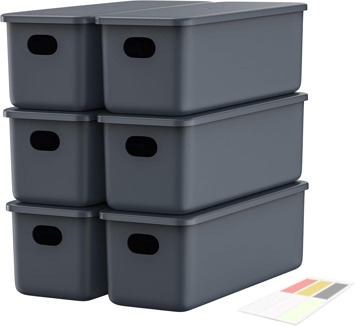 Johgee Set van 6 opbergdozen met deksel, PP-kunststof, 6 x 2,8 l (28 x 10,5 x 9,5 cm), grijs, met stickers