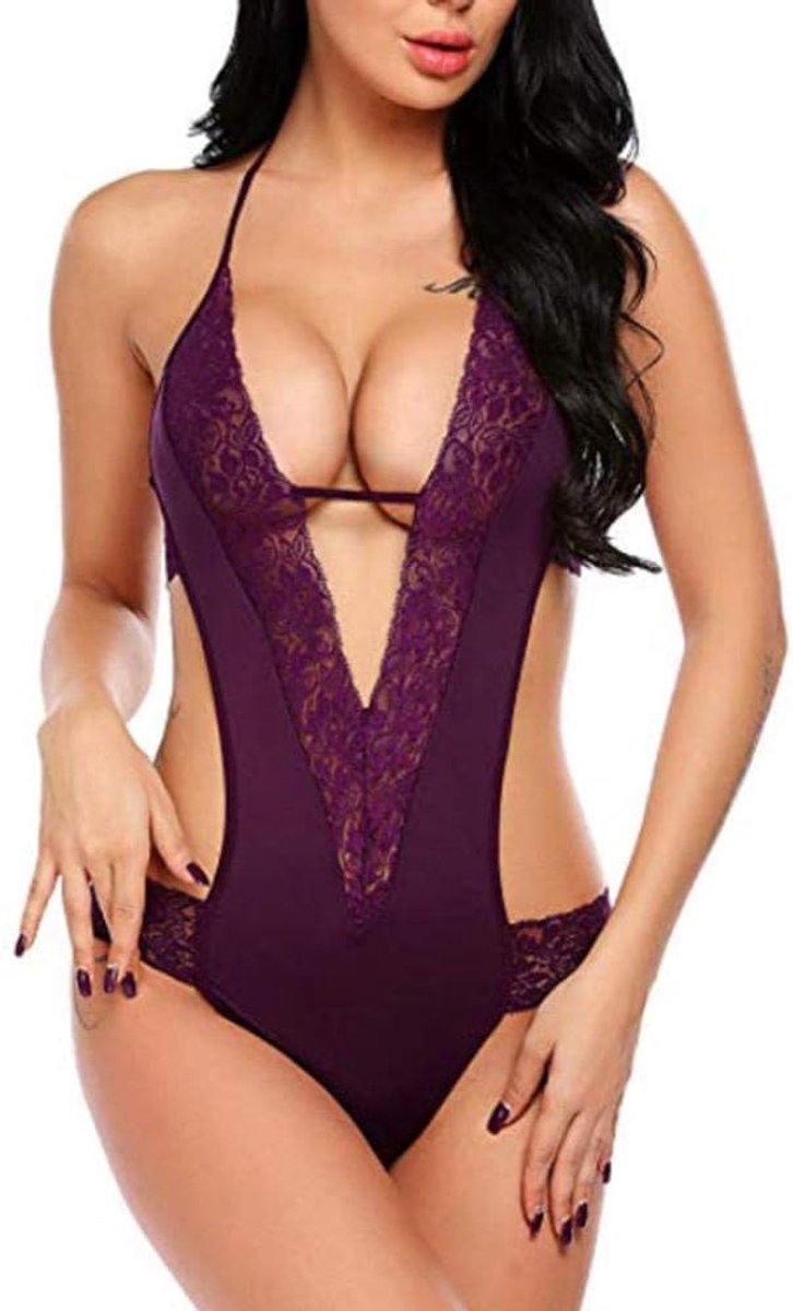 Bodystockings dames Vrouwen Nachtkleding Sexy Lingerie Transparante Backless Pyjama Ondergoed Kanten Nachtkleding porno erotische sexy Langerie-purple_XL