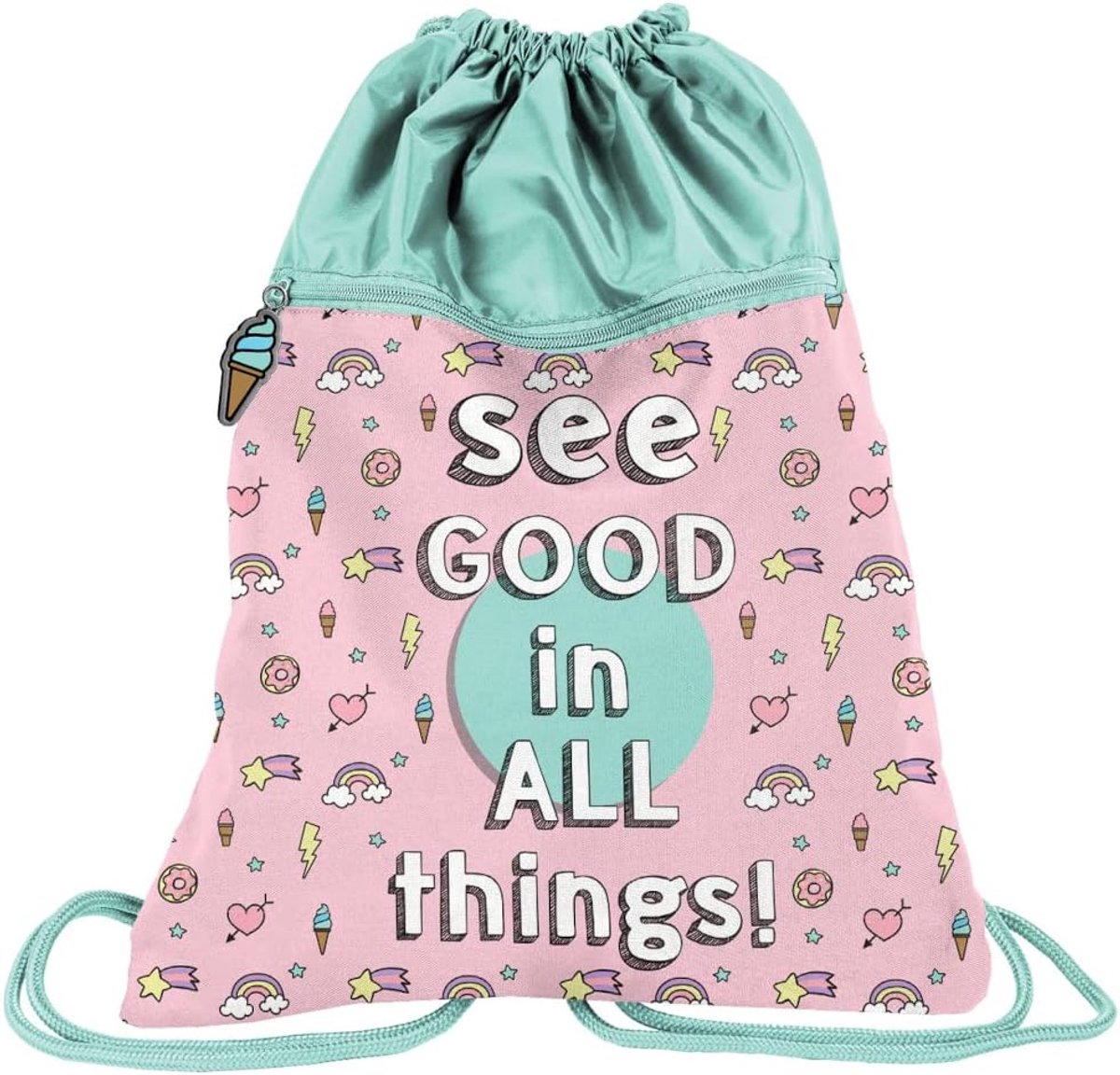 Kind Think Positief 43x34 cm Roze Groen Multikleur met Rits Polyester Lichtgewicht Rugzak School Sport