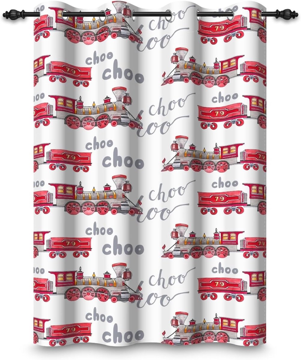 107 x 160 cm, verduisteringsgordijn, traditioneel, trein, cartoon, rode trein, spoorwegen, isolerende scheidingswanden, gordijnen met oogjes, voor ramen, kinderkamer, jongens of meisjes