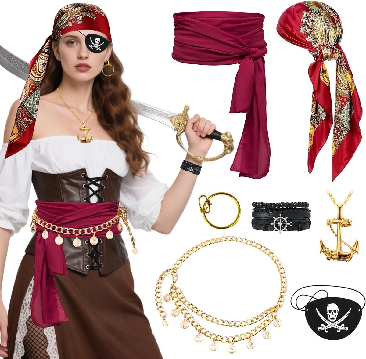 7 stuks Piraten Kostuum Dames Accessoires, Piraten kostuum vrouwen met Hoofddoek,Tailleriem,Halsketting,Armband,Tailleketting,Oogmasker,Oorbellen voor Halloween Carnaval
