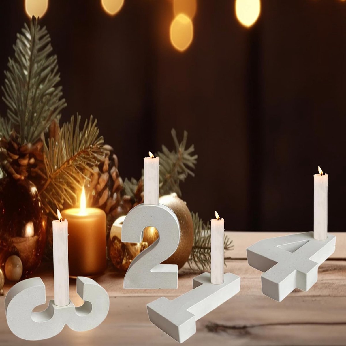 Kandelaar, 4 stuks, houten kerstkandelaars, adventskandelaar, adventskrans cijfers 1234, voor tafeldecoratie adventskrans adventsbloemstukken Kerstmis