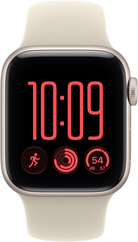 Apple Watch SE met beige band en een klok met rode cijfers en activiteitentrackers.