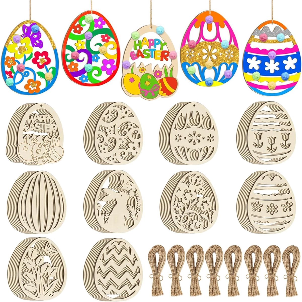 16 stuks, decoratieve houten paaseieren, paashaas, paaseieren voor kinderen, doe-het-zelf paasdecoratie