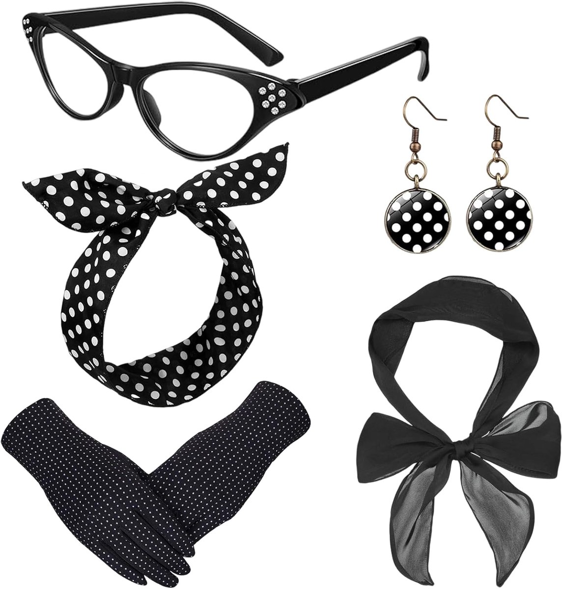 5-delige set 50s kostuumaccessoires, 50s feestkostuum voor vrouwen, Grease feestkostuum voor vrouwen, meisjes, dames, sjaal met polkastippen, bril, oorbellen voor dames, retro feestdecor