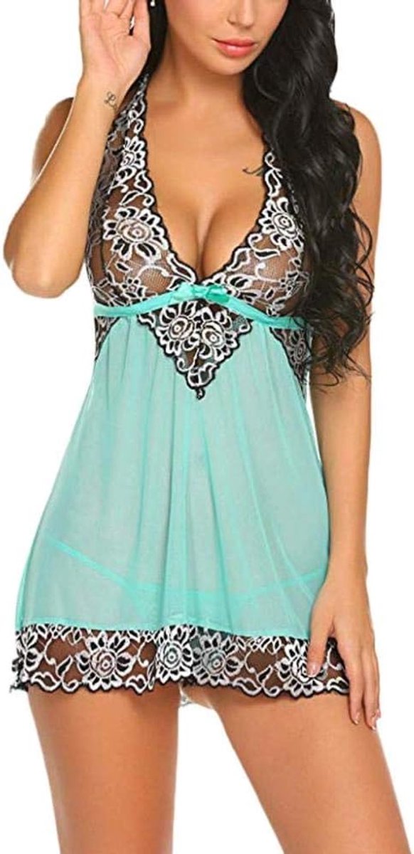 Sets met nachtmode & ochtendjas Sexy Dames Kostuums Lingerie Perspectief Nachtkleding Diepe V Kanten Beha Temptation Dames Nachtkleding-green_3XL
