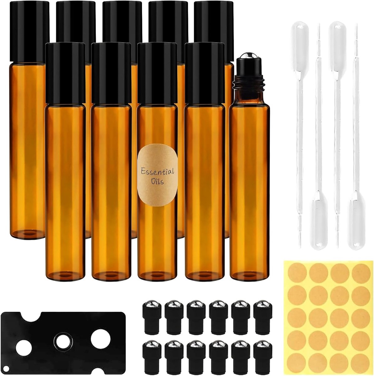 Roll on glazen flesjes voor etherische olie, 10 ml etherische olie roller glazen flesjes, pak van 10 bruine olieflessen leeg, roll on flesje leeg, voor oliën, geurstoffen, cosmetica, massage