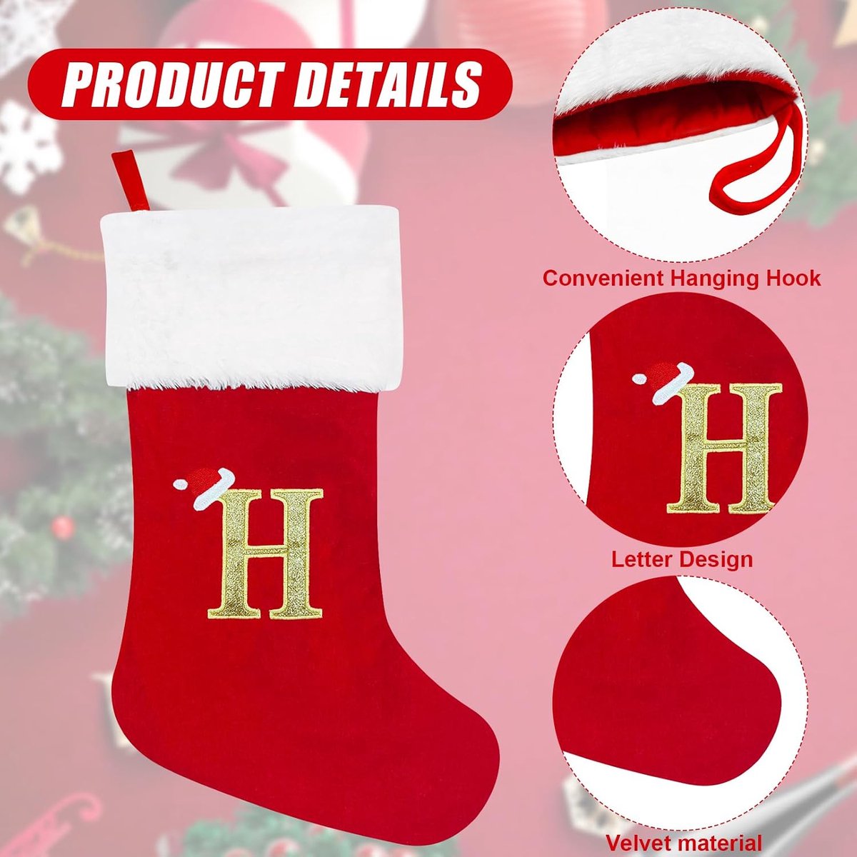 Kousen 50 cm Gepersonaliseerde kerstkous met letter groot monogram rode kerstkousen met naamplaatje pluche hangende kousen geschenken sok voor kerstversiering boom vakantie ornament (H)