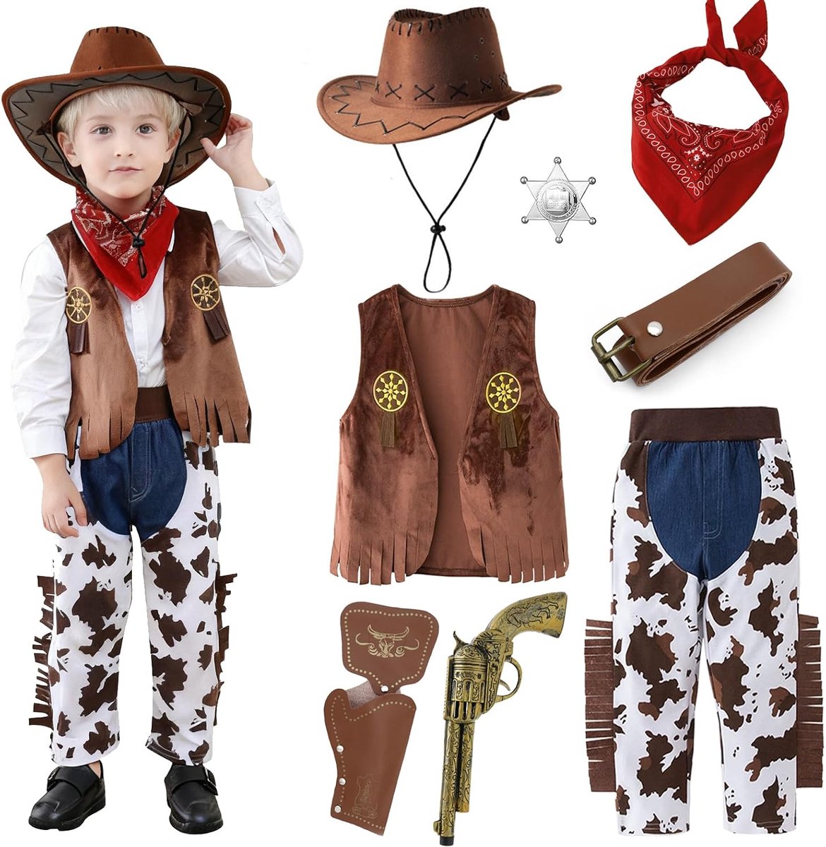 Kostuum cowboy voor kinderen, sheriffkostuum voor kinderen, met cowboyhoed, vest, halsdoek en cowgirl-accessoires, carnavalskostuum voor carnaval, Halloween, cowgirl cosplay voor meisjes