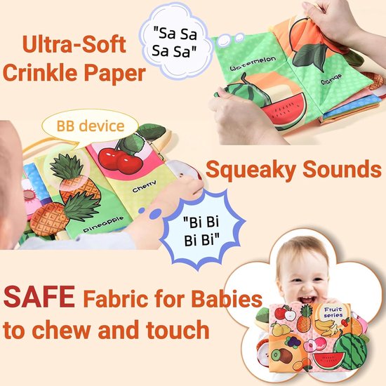 Babyboekjes, zachte stoffen speeltjes geschikt voor baby's van 0-6 tot 12 maanden, geschikt als buikligspeelgoed voor baby's van 0-3-4-5-6-9-12 maanden, tactiele sensorische boekjes met ritselende geluiden, geschikt om in de kinderwagen te plaatsen. — afbeelding 2