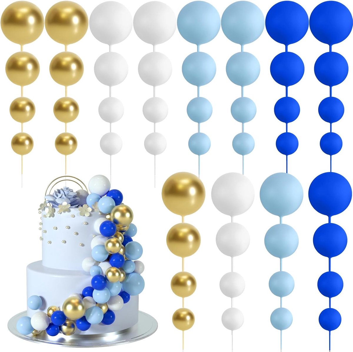 48 stuks taartdecoratie ballen Cake taart ballen decoraties ballon cupcake taartversiering voor verjaardag feest bruiloft babyparty taartdecoratie (Koningsblauw, Lichtblauw, Wit, Goud)