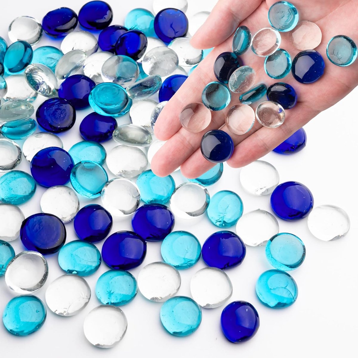0,44 kg gemengde blauwe glazen ks, transparante en gladde platte glaskralen voor vazen, mozaïek edelsteen kiezels voor aquariumdecoratie, bloemstukken, Mancala-stenen, vaasvulling en
