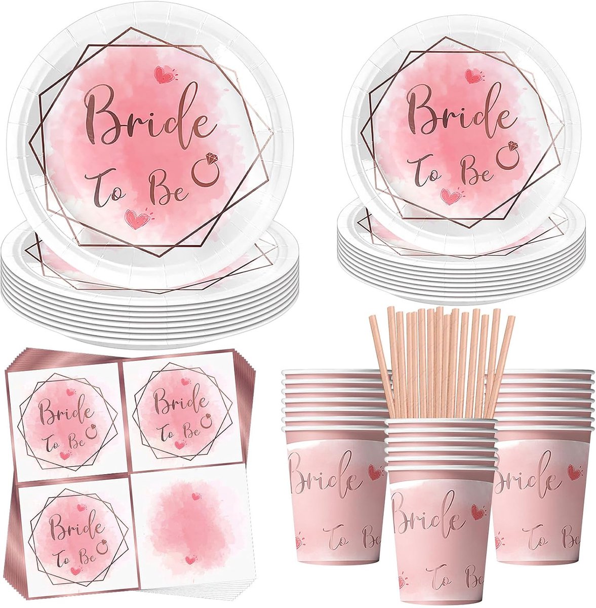 100 stuks partyserviesset voor toekomstige bruid, feestborden, verjaardag voor 20 gasten, bruiloften, verjaardagsservies, bruiloften, feestdecoratieset, kinderverjaardag, borden, bekers