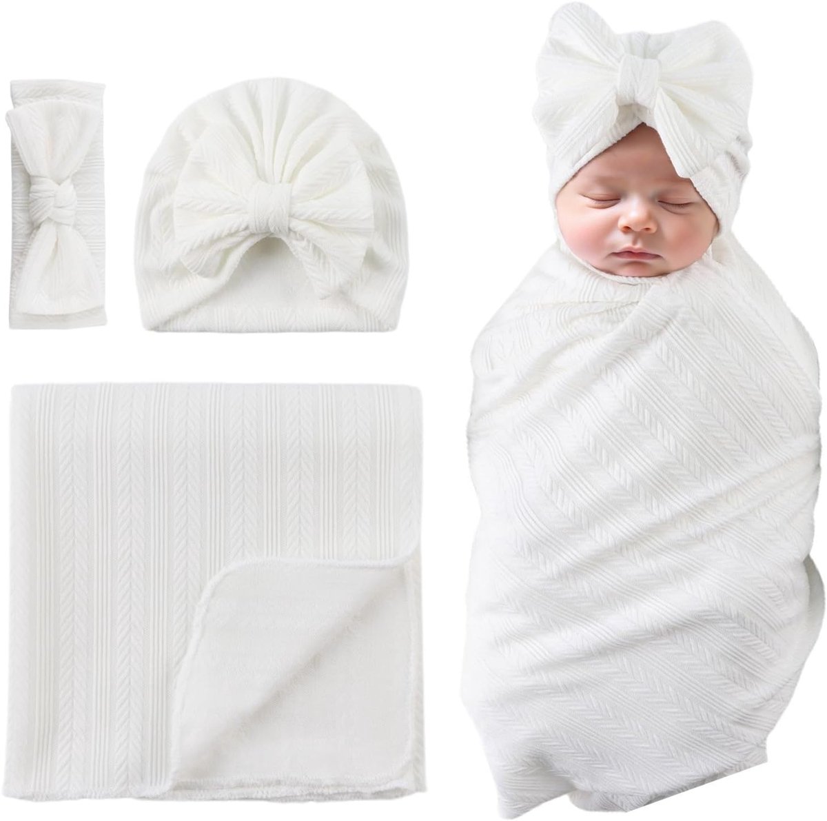 Inbakerdoek voor baby's, pasgeborenen, meisjes, inbakerdeken, met hoed, hoofdband, slaapzak, baby, geboorte (wit)