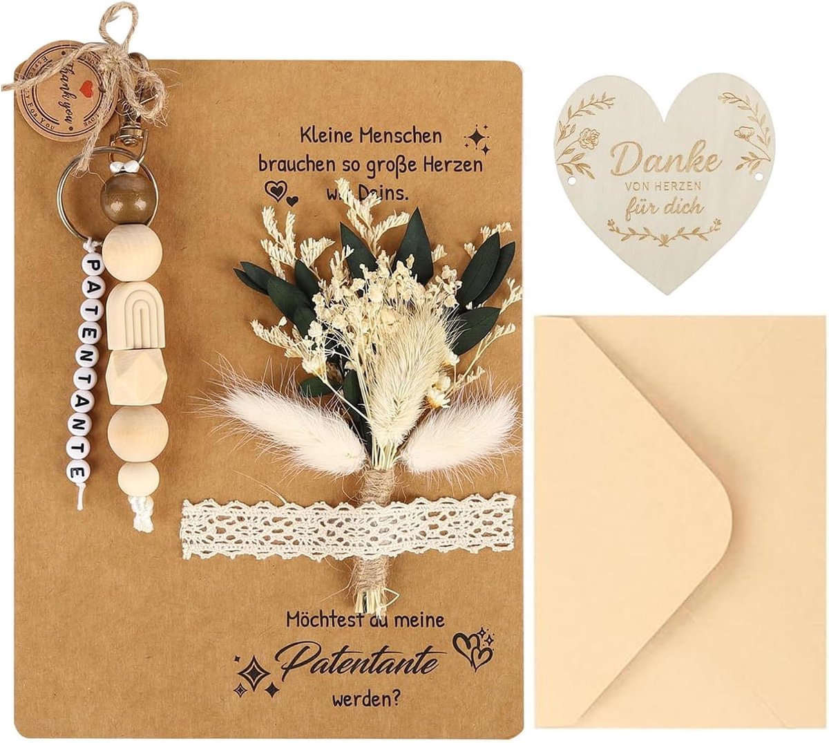 Vraagen, Will You My Patentante Worden, cadeauset met kaart, droogbloemen, envelop, hartvormig houten bord en sleutelhanger, zwangerschapsverkondiging voor vrouwen, vriendin
