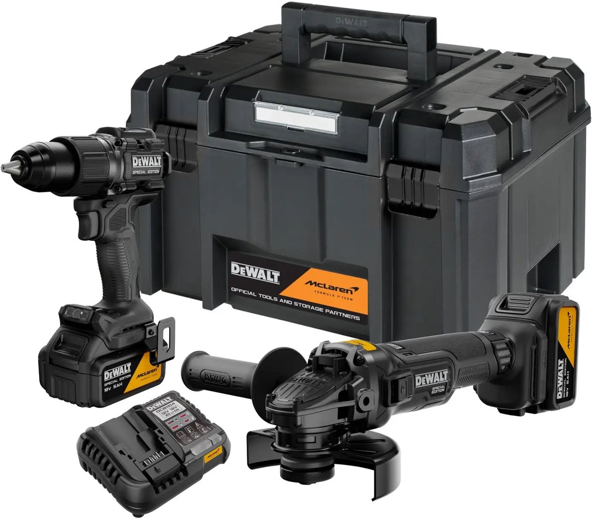 DeWALT - 18V accu-set met klopboormachine en haakse slijper, McLaren, 2x 5,0 Ah Li-Ion XR-accu, oplader DCK2223MP2T
