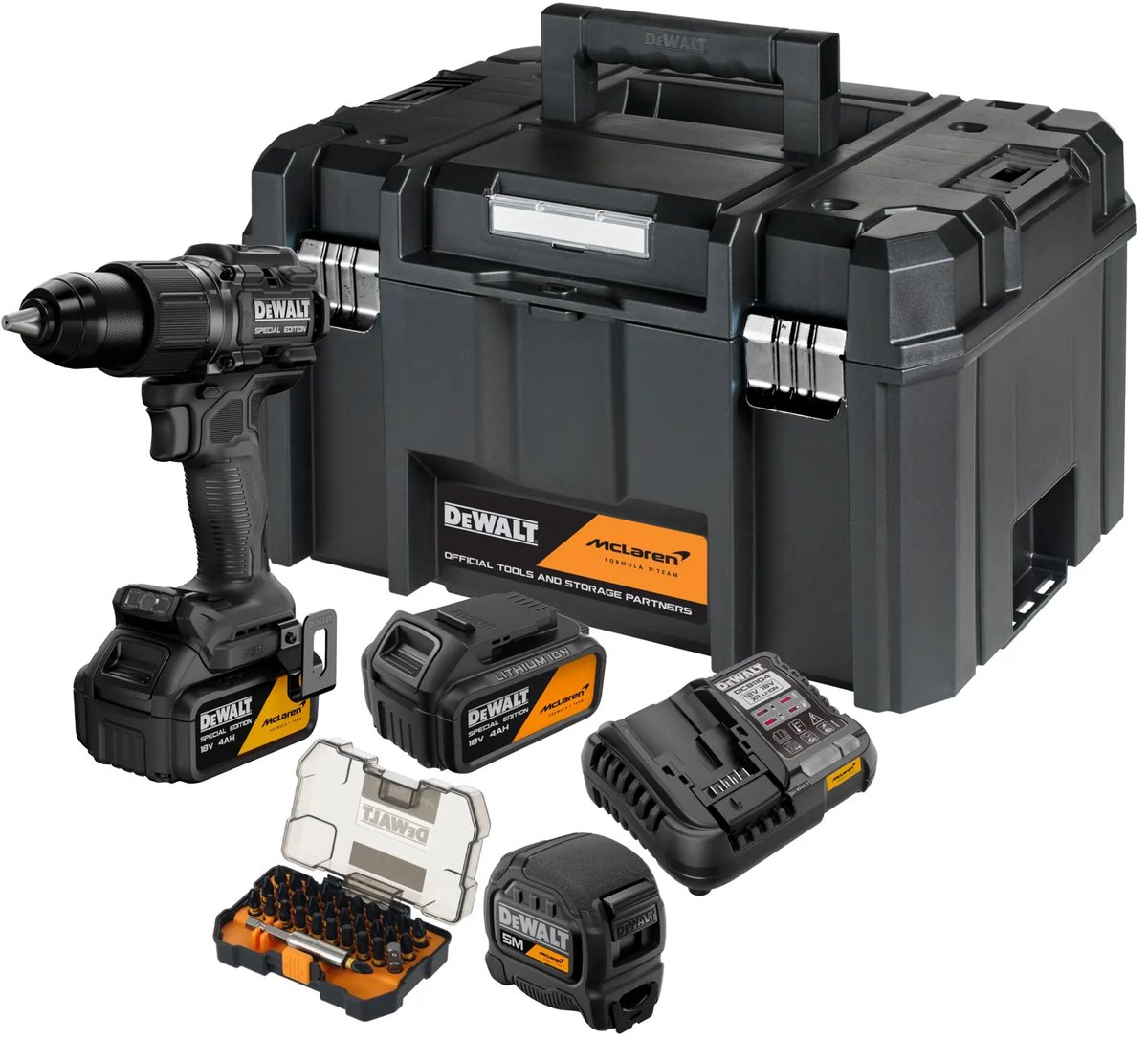 DeWALT - 18V accu boorschroevendraaier met klopfunctie, inclusief accessoires, McLaren, 2 accu’s van 4,0 Ah XR Li-Ion, oplader DCD86MM2KT