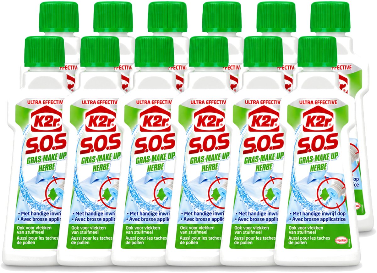 12 x K2R - SOS Vlekverwijderaar - Gras & Make-up - 50ml - Voordeelverpakking - 12 stuks