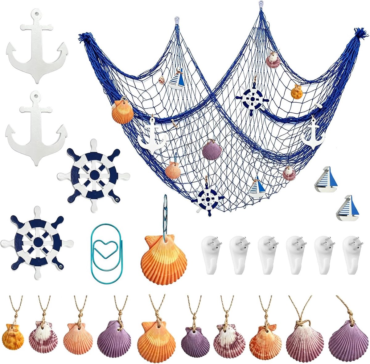 Decoratief visnet 1,5m x 2m - Mediterrane stijl met schelpen - Nautische wanddecoratie - Perfect voor piratenfeesten - ShopVlot
