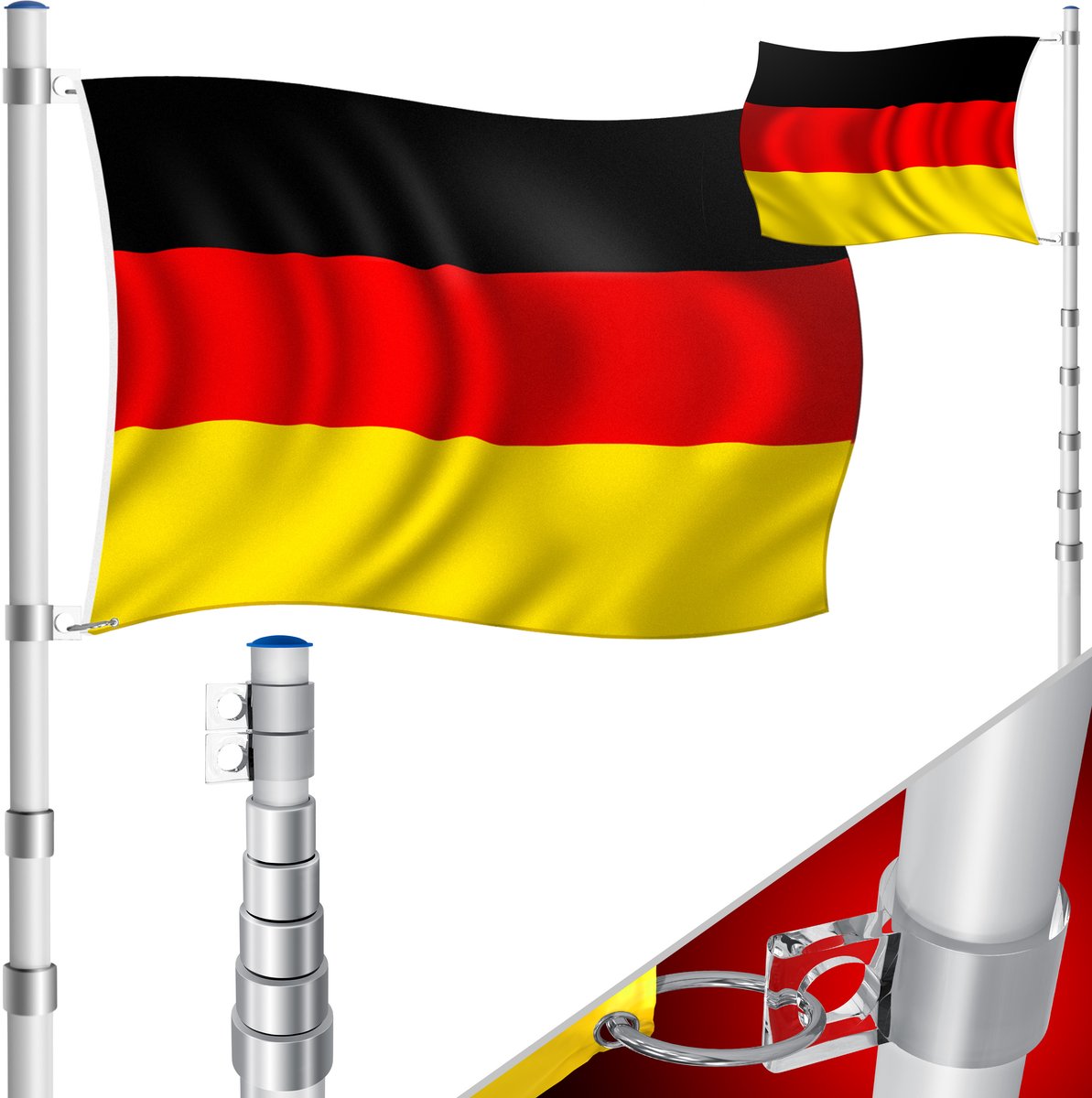 KESSER® Telescopische vlaggenmast - aluminium 6,30 m - grondhuls 60 cm - met Duitse vlag - zilver