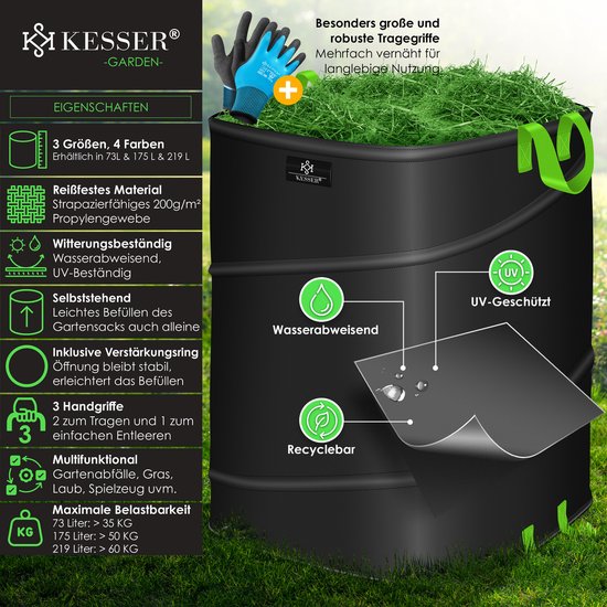 KESSER® Pop-up tuinzak 175 liter - Zelfstaand en opvouwbaar - Met handschoenen - Zwart/lichtgroen — afbeelding 3
