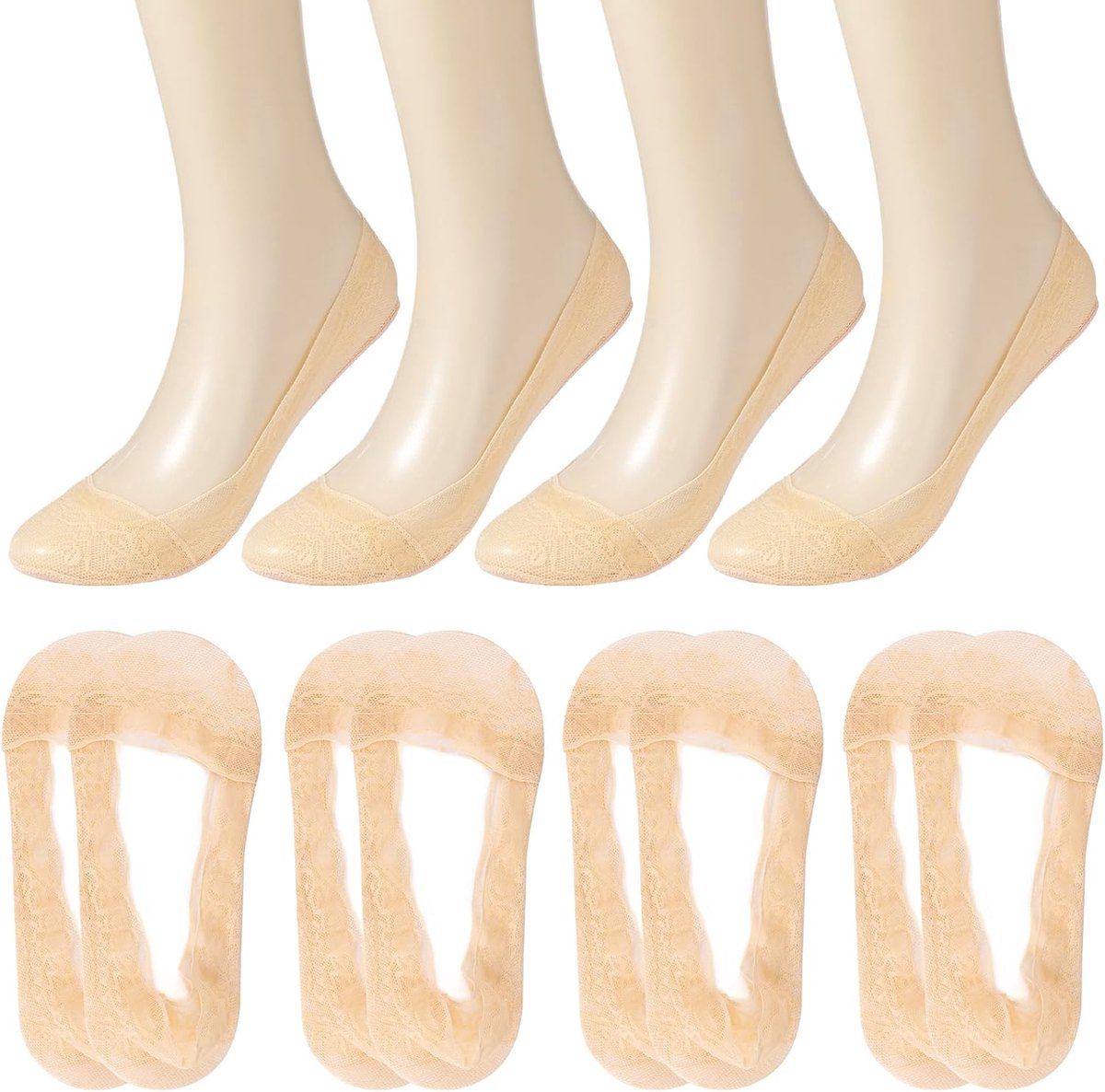 Sokken, ballerina, ademende kanten sokken met antislip siliconen, onzichtbare katoenen sneakers voor dames (zwart, 2, wit, 2 x 2 x grijs, 2 x beige)