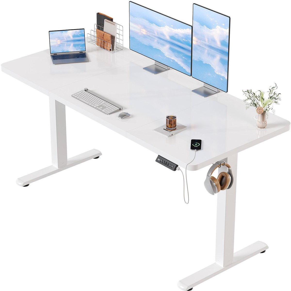 Devoko Elektrisch Verstelbaar Zit-Sta Bureau 140x60 cm Breed – Hoogte 73–118 cm – 2 Geheugenstanden, Zit-Herinnering, LED-Display en USB – Draagvermogen 70 kg – Wit