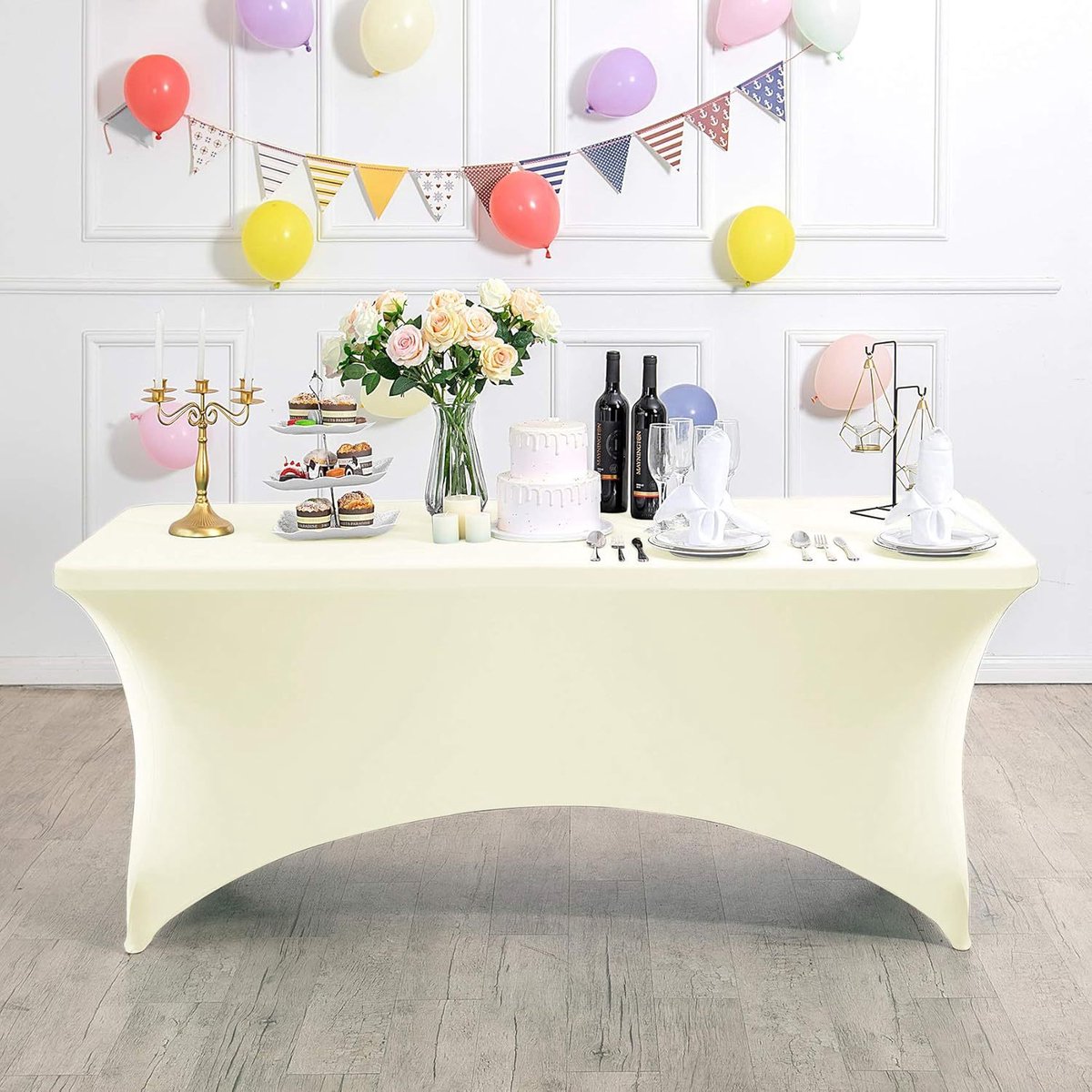 Rechthoekig, rekbaar en vlekbestendig tafelkleed, waterdicht, wasbaar en rekbaar, geschikt voor het decoreren van terrassen, keukens, bruiloften, verjaardagen, feesten, picknicks en andere gelegenheden,Ivoorwit - 183 x 76 x 76 cm (6 voet)
