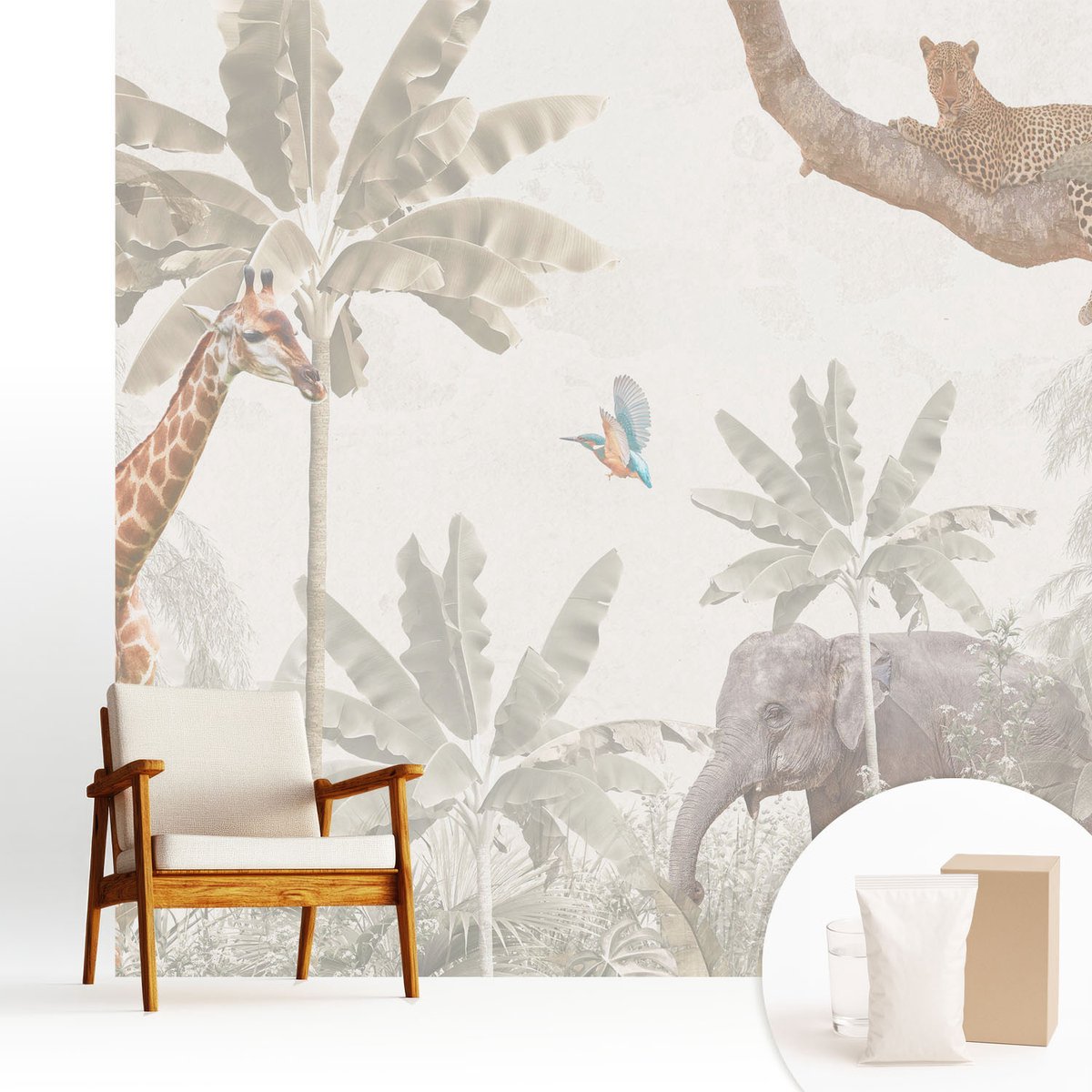 Wallfluent Fotobehang - Wit Vliesbehang - 250x250 cm - Tropische Oase Fotobehang Vlies - Hal behang Dieren - Muurschildering - Hal behang