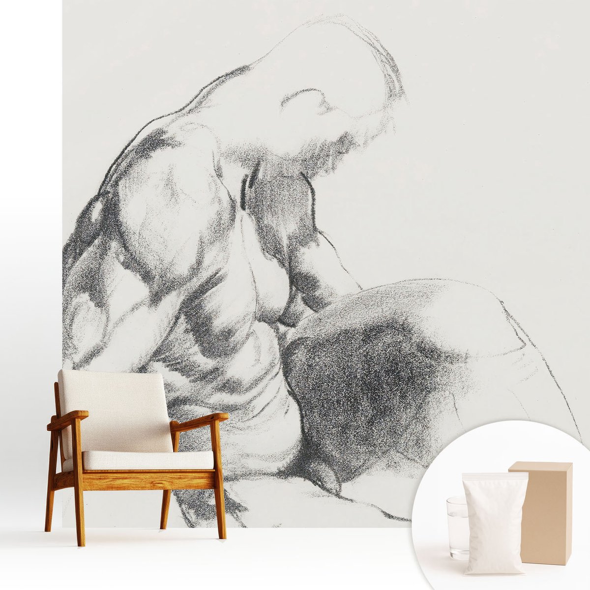 Wallfluent Fotobehang - Wit Vliesbehang - 250x250 cm - Mannelijke Schets Muurschildering - Slaapkamer behang Mensen - Fotobehang Vlies - Gang behang