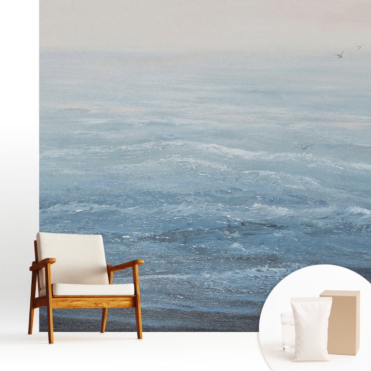Wallfluent Fotobehang - Blauw Vliesbehang - 250x250 cm - De Zee Is Kalm. Muurschildering - Slaapkamer behang Landschappen - Fotobehang Vlies - Slaapkamer behang